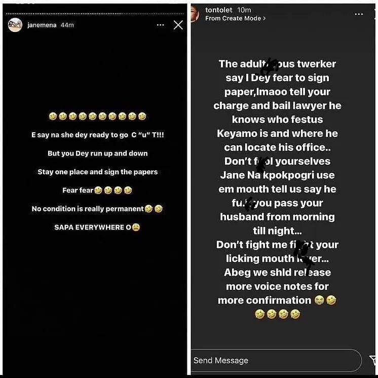 Adulterous Twerker - Tonto Dikeh Reacts After Jane Mena Allegedly Shaded Her