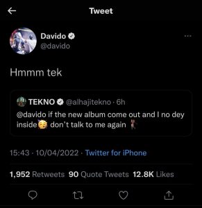Davido's reply to Tekno's warning