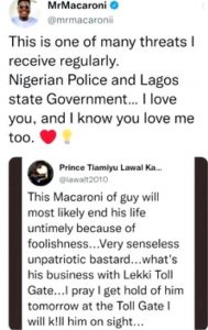 Mr Macaroni's tweet and Prince Tiamuyi's response to it.