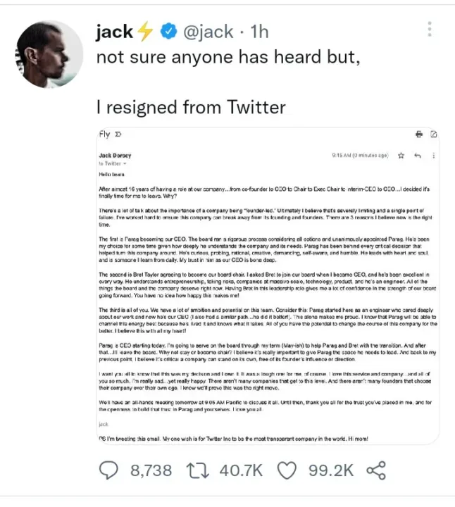 Twitter Boss Jack Dorsey, Resigns As Company's CEO