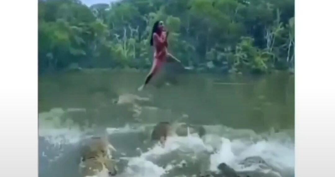 UNBELIEVABLE: Watch as a lady falls off a swing to land into the mouth of hungry Crocodiles (VIDEO)