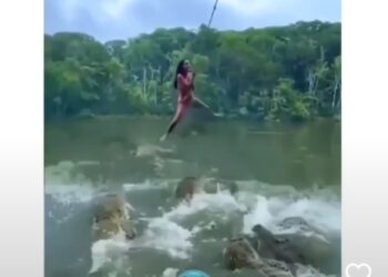 UNBELIEVABLE: Watch as a lady falls off a swing to land into the mouth of hungry Crocodiles (VIDEO)