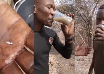 Nigerian soldier swallows fish inside dirty water to survive the jungle (Watch Video)