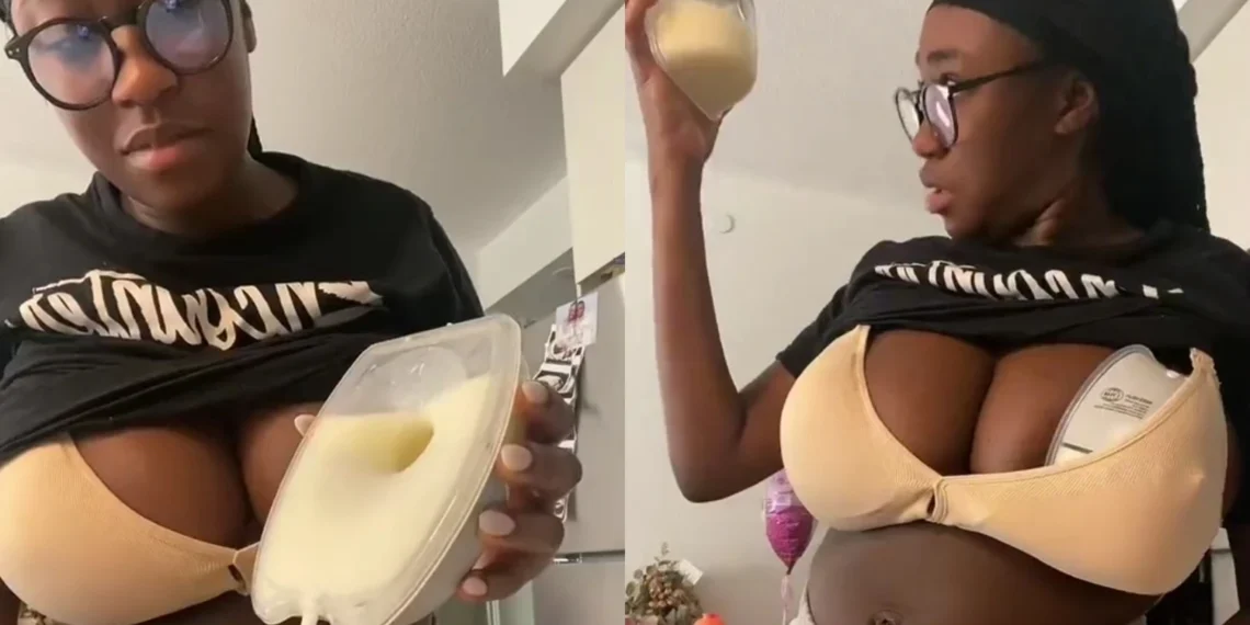 Lady shocked to see the amount of milk she collected from her boobs (Video)