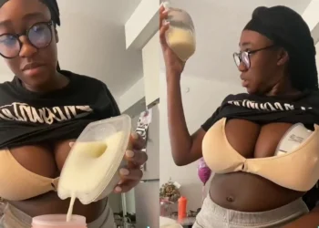 Lady shocked to see the amount of milk she collected from her boobs (Video)