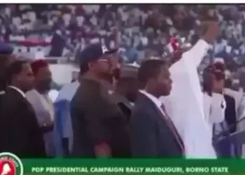 Confusion sets in again as Dino Melaye mistakes PDP for APC in a PDP presidential campaign Rally (video)