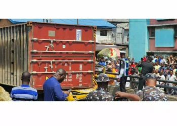 Two feared de@d as container falls on a bus in Lagos(Video)