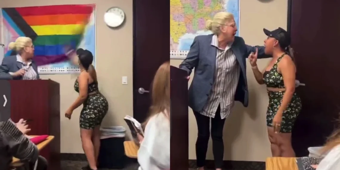 "I'm teaching my son to be a man" - Angry mom rips down LGBTQ flag in class (Video) 1 “I’m teaching my son to be a man” – Angry mom rips down LGBTQ flag in class (Video)