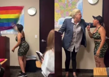 “I’m teaching my son to be a man” – Angry mom rips down LGBTQ flag in class (Video)