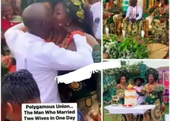 Viral video of man passionately kissing his two wives on their wedding day (Video)
