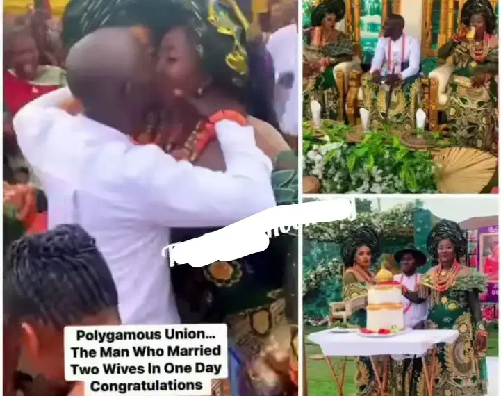 Viral video of man passionately kissing his two wives on their wedding day (Video) 1 Viral video of man passionately kissing his two wives on their wedding day (Video)