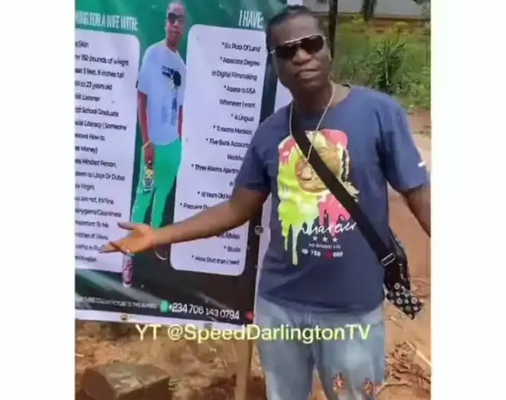 “I Must Find Wife” – Speed Darlington Decrees as He Makes Big Signboard Poster Declaring Search for a Wife
