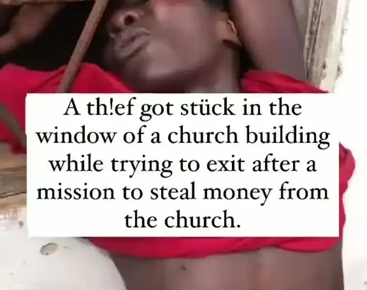 Suspected Thief gets stuck in the window of a church building while trying to escape theft (VIDEO) 1 Suspected Thief gets stuck in the window of a church building while trying to escape theft (VIDEO)