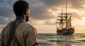 Historical-inspired image showing an African man looking toward a ship on the horizon.